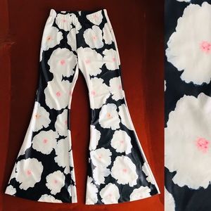 Floral Print Stretch Satin Retro Hippie BELL BOTTOM Pants Medium AS-IS